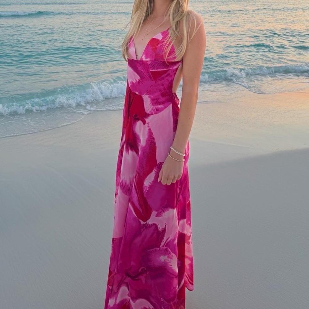 Zara Pink Fuchsia Floral Print Maxi Dress